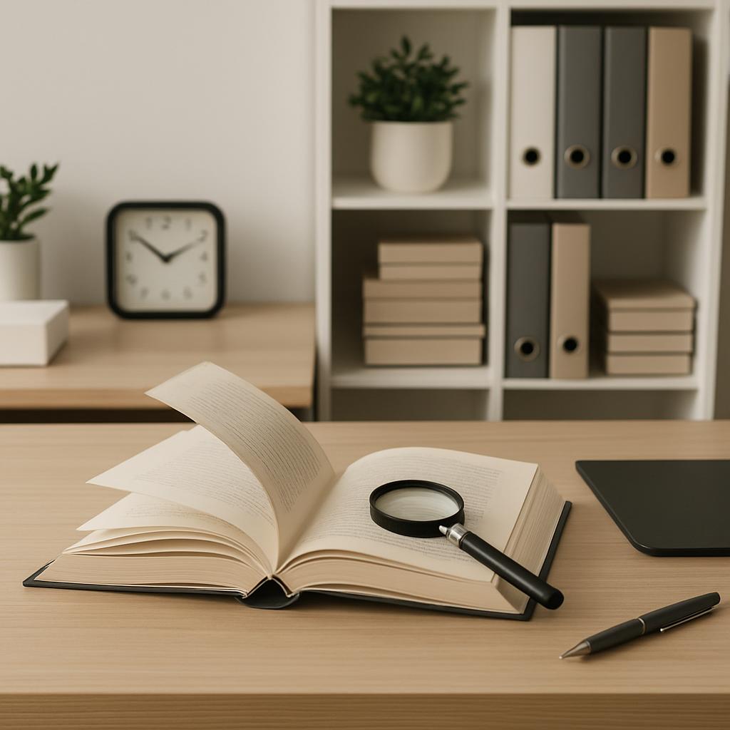 An office scene: an open book with a magnifying glass on a desk, surrounded by a computer mouse, pen, clock, and shelves.