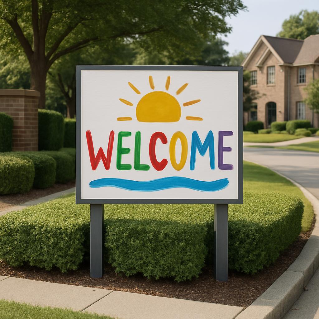A painted "Welcome" sign on a gray frame, with the sun and wavy blue line, in a suburban area.